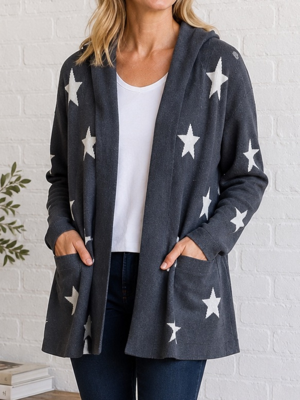 Splendid Sydney Star Hooded Cardigan Gray White Open Front Pockets Size L